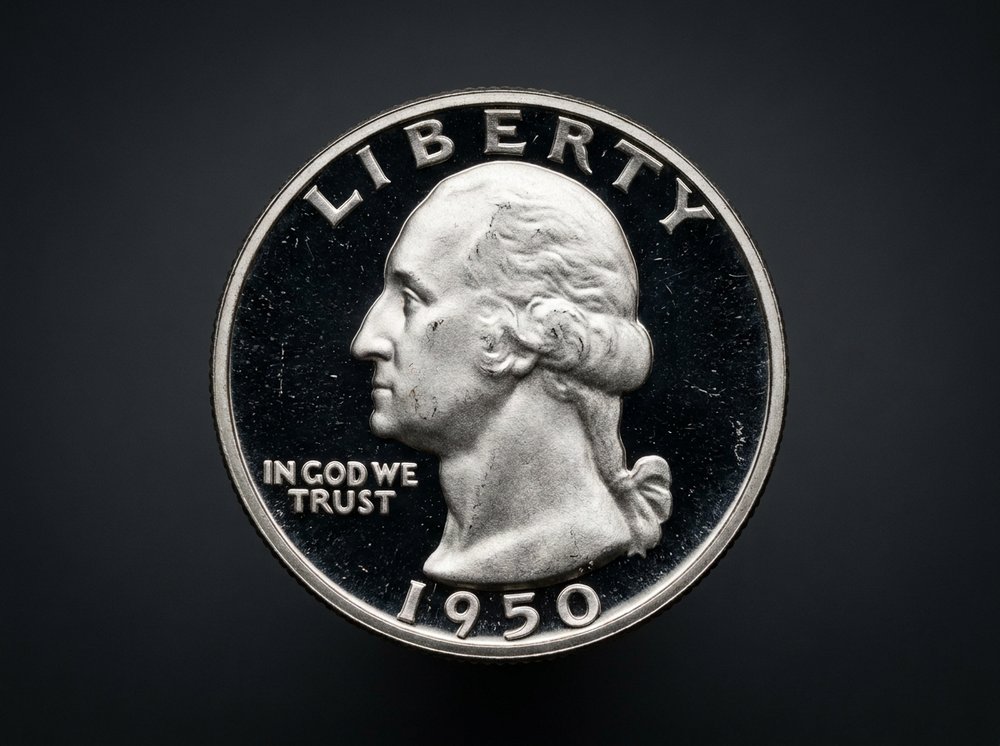 1950 Deep Cameo proof Washington quarter showing frosted devices against mirrored fields